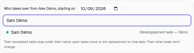 Choose the date, then the replacement. The capture shows the choice before confirmation; completed tasks retain their person.
