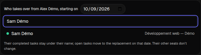 Choose the date, then the replacement. The capture shows the choice before confirmation; completed tasks retain their person.